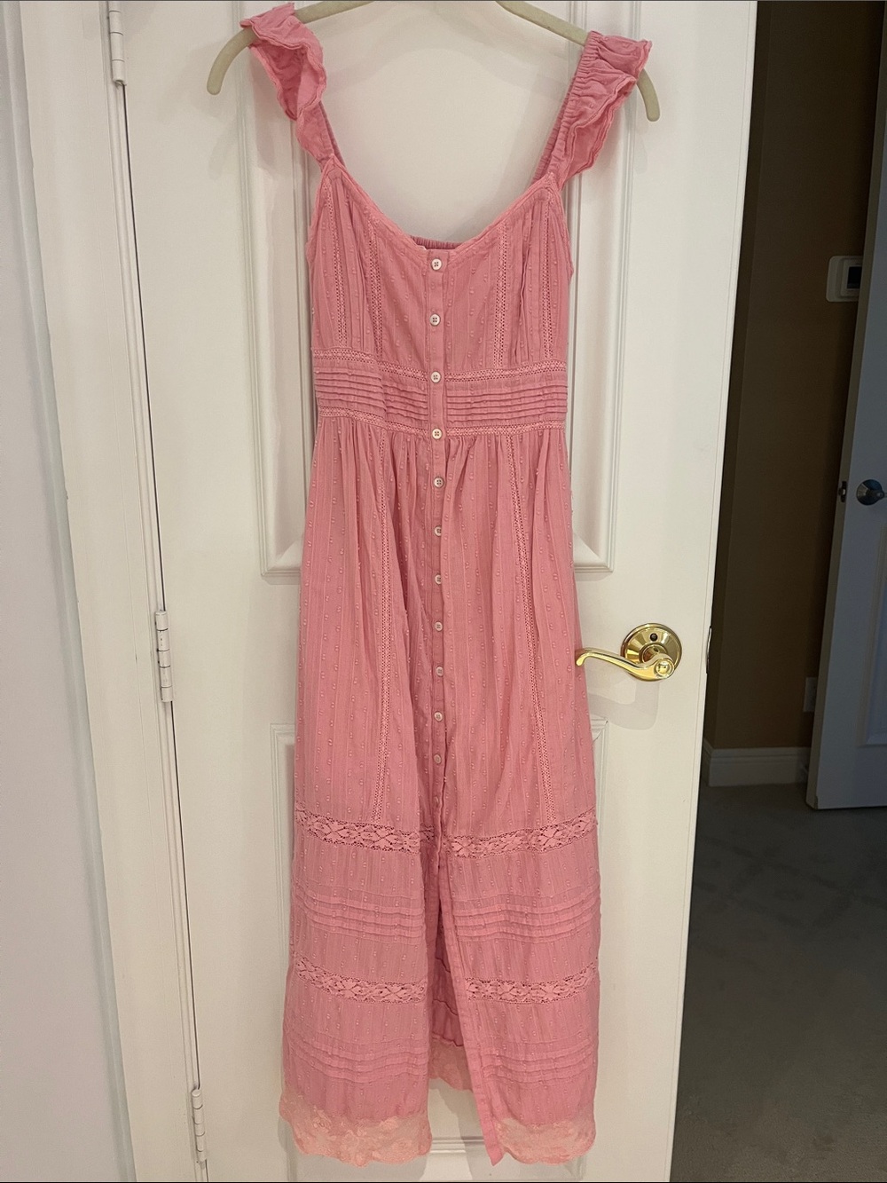 LoveShackFancy Pink Ruffled Strap Button-Front Midi Dress